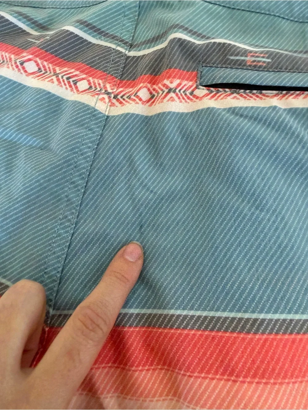 Faherty Blue Swim Board Shorts with Coral & Cream Stripes